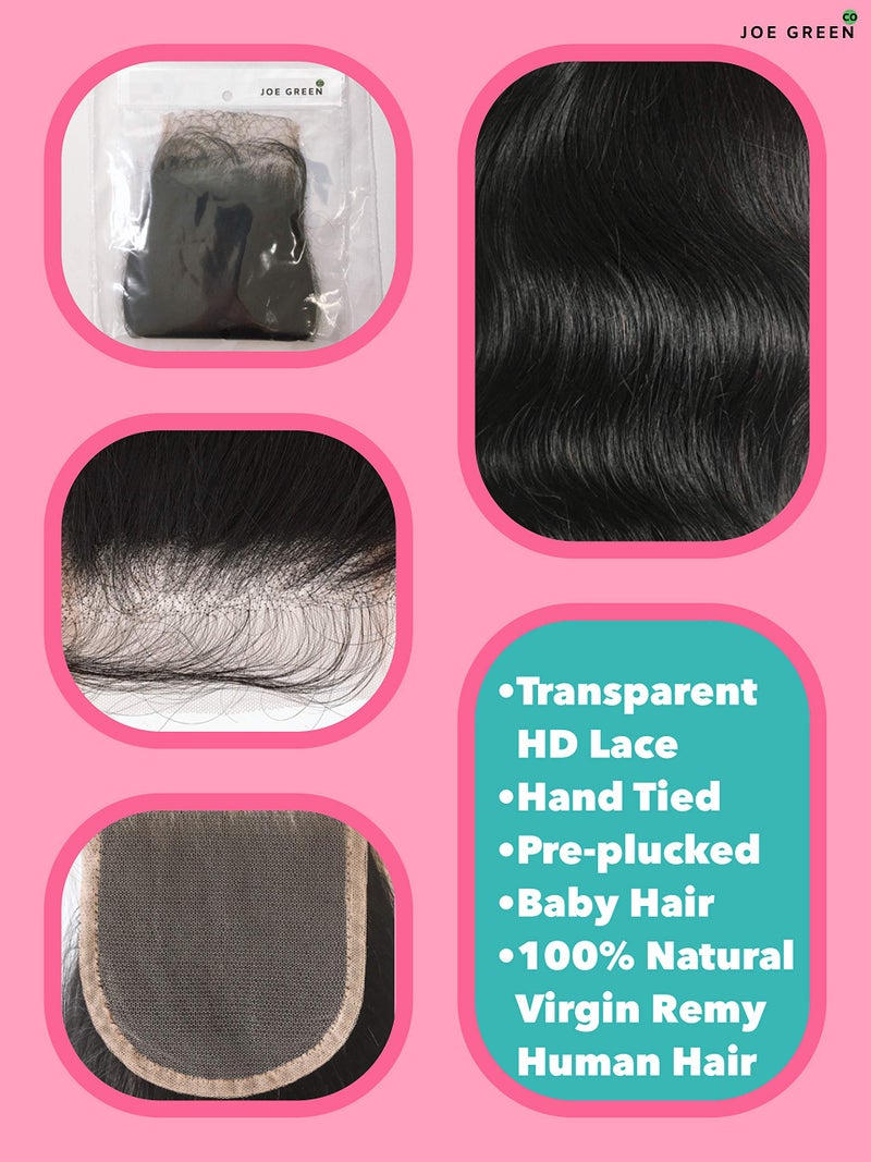 JOE GREEN CO Joe Green 4x4 +1â€ HD Transparent Closure with 100% Virgin Remy Human Hair Pre-Plucked Baby Hair Natural Color (Straight, 14 Inch (Pack of 1)) - Image 3